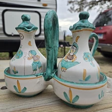 Vintage Falcone Vietri Italian Pottery Oil & Vinegar Cruet Set Hand Painted