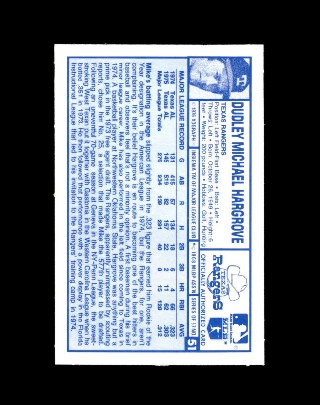 1976 Kellogg's Set-Break # 51 Mike Hargrove NM-MT OR BETTER *GMCARDS* - Image 2 of 2