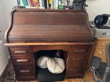1930’s original vintage solid oak tambour roll top bureau