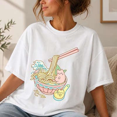 Cute Ramen Cat T-Shirt, Kawaii Noodle Shirt, Japanese Food Tee, Funny Cat Lover
