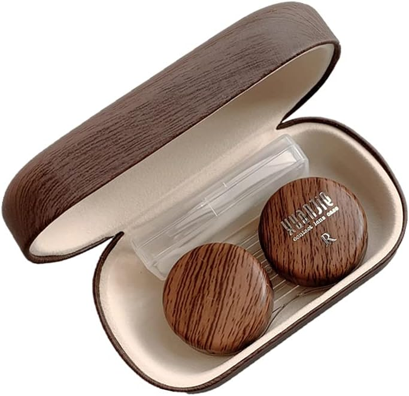 Wood Grain Contact Lens Case Compact Eye Contact Case for Travelling Portable Co