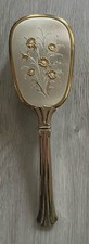 Vintage Gold Silver Tone Hair Brush Nylon Bristle With Removable Plate Flowers