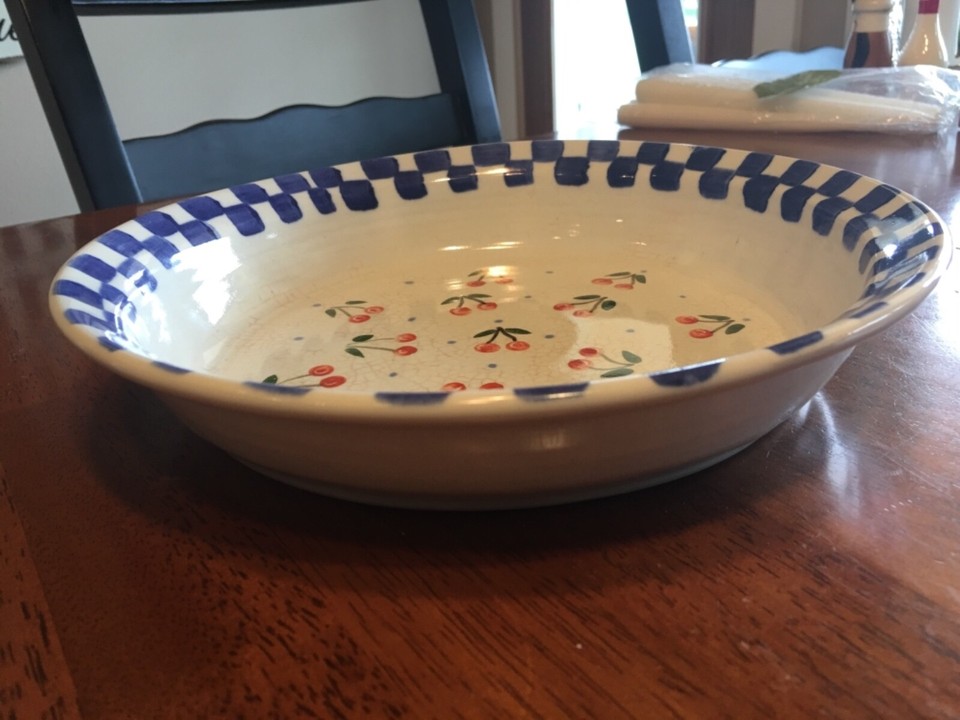 Handmade Ceramic Pie Plate Dish Cherries Blue Checkers Farmhouse Cherry