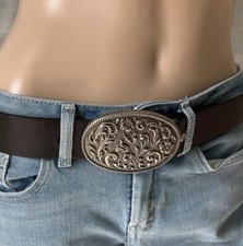 BELT BUCKLE SILVER OVAL ORNATELY FLOWERS SCROLL PATTERN