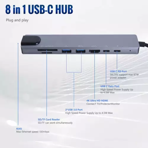 8 in 1 Multiport USB-C Hub Type C To USB 3.0 4K Adapter For Macbook Pro/Air US - Picture 5 of 10