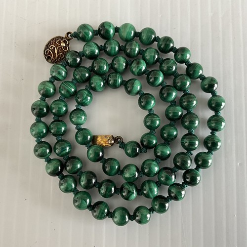 Malachite 24" Bead Necklace Gold & Silver Clasp Hand Knotted Vintage eBay