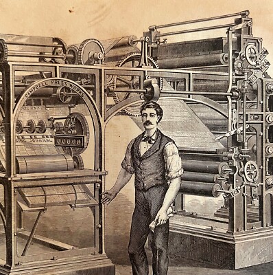 Rotary Printing Press 1876 Worlds Fair Centennial Victorian Engraving DWAA3A