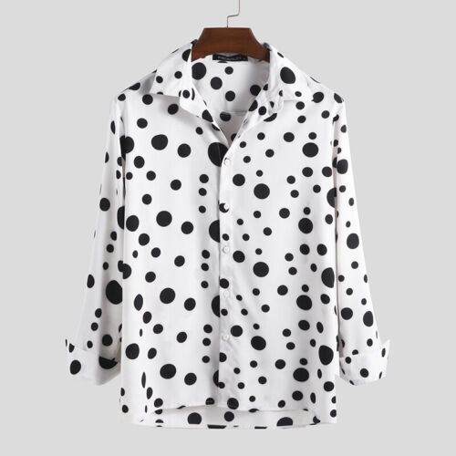 Mens Retro Polka Dot Long Sleeve Down Shirt Slim Fit Button Shirt Tee Blouse Top - Picture 8 of 18
