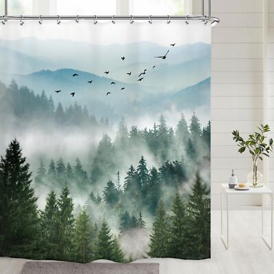 Misty Mountain Shower Curtain 60Wx72H Inch Greenery Nature Pine Tree Foggy Scene