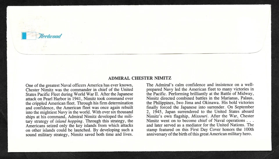#1869 50c Chester W. Nimitz- WWII Pacific Naval Commander  -  Fleetwood FDC - Image 2 of 2