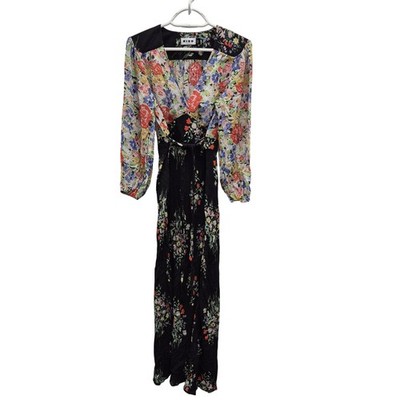 RIXO Kaila Kleid Damen 10 Mehrfarbig Blumen Maxi Langarm V-Ausschnitt Gürtel