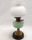 Vintage Oil Paraffin Table Lamp Green Glass Font With Milk Glass Shade 21.5" H