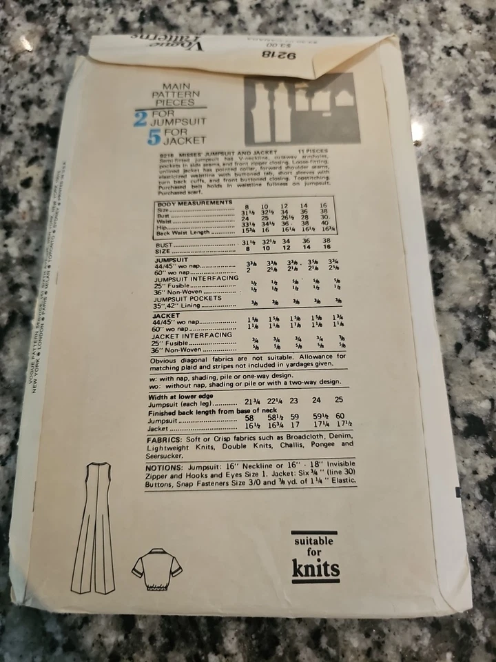 VTG Vintage 1975 Very Easy Vogue Sew Patterns 9218 Jumpsuit And Jacket - Image 3 of 4