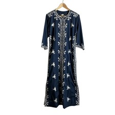 CARO OF HONOLULU Vintage Embroidered Navy White  Kaftan Maxi Dress Size 12