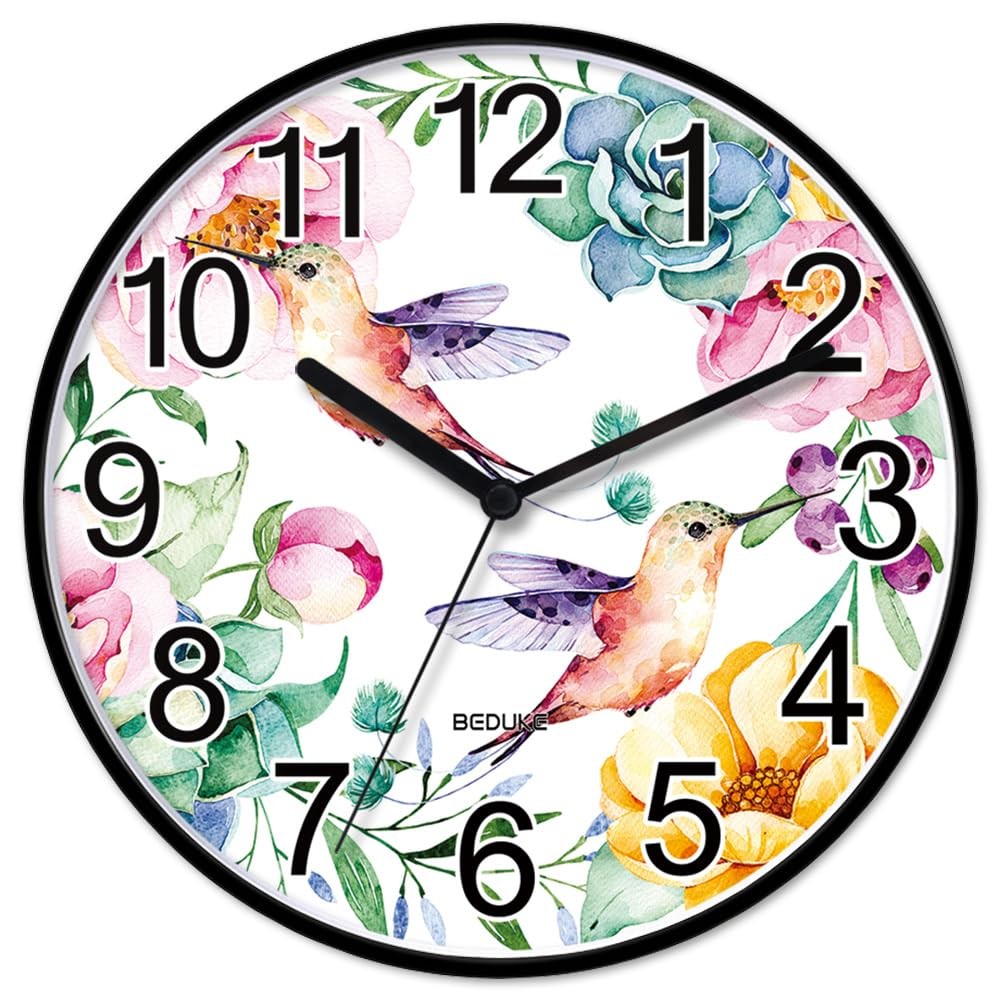Wall Clock Non-Ticking Silent Battery Operated Quartz Large Number Hummingbir...
