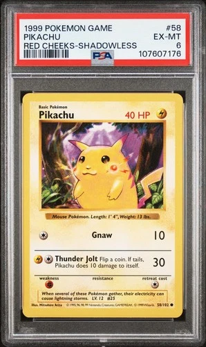 Pikachu Red Cheeks - 58/102 - 1999 Common Base Set Shadowless Pokemon Card PSA 6