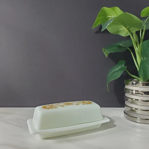 Vintage Pyrex Butterfly Gold Floral Butter Dish With Lid Milk Glass