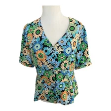 Cabi Happy Top Boho  Floral Hippie Peplum Top Shirt Button Size Medium