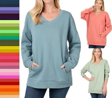 Zenana Women's V Neck Sweatshirt Loose Fit Oversized Fleece Sweater Side Pockets
