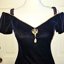 Y2K Formal Dress Sz Small Deep Blueish Purple Stretchy Velour Fabric W Brooch