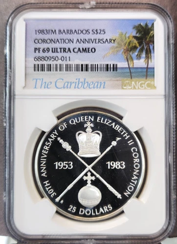 1983 BARBADOS SILVER 25 DOLLARS CORONATION NGC PF 69 ULTRA CAMEO RARE TOP POP