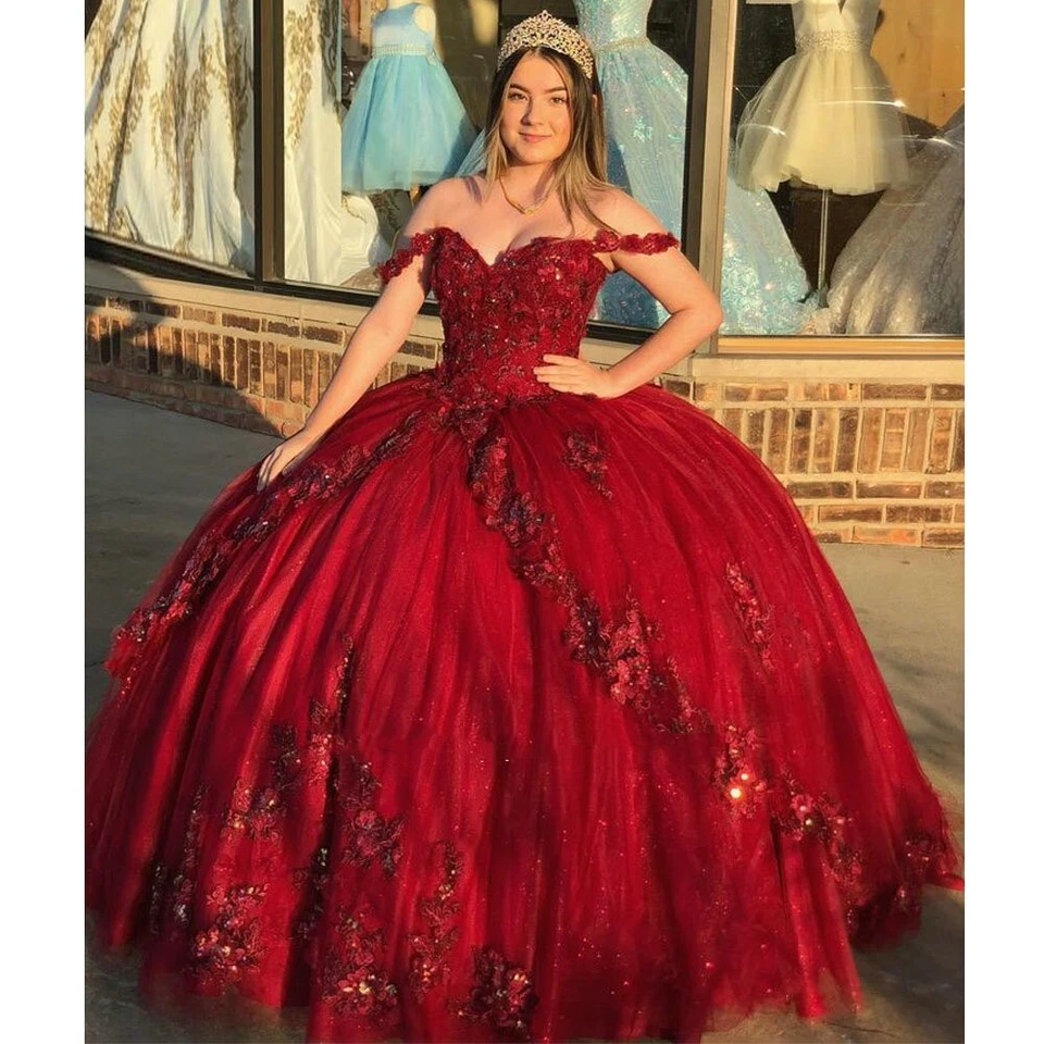 Vestido Rosa Roja Quinceañera Princesa Dulce 16 Cuentas 3D Flor Fiesta Vestidos de Baile Foto 2 de 4