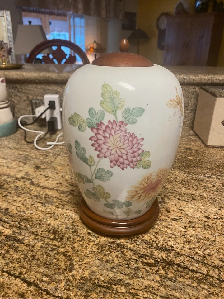 Фарфоровый белый, многоцветный пастельные цветы имбирь банка с натуральным деревом/основание/верх - Изображение 2 из 4