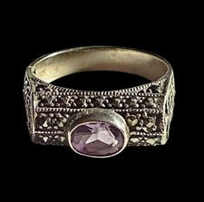 Vintage Amethyst Gem Marcasite Stone 925 Sterling Silver Ring Sz 8 5g