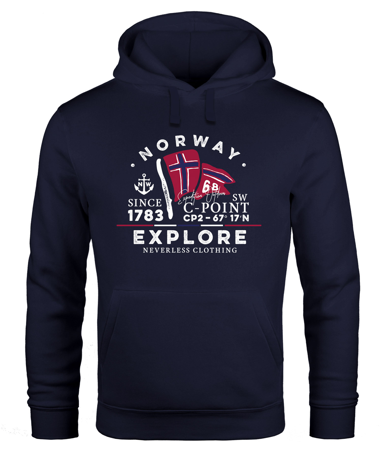 Neverless Hoodie Herren 'Norway Explore' – Mit Norwegischer Flagge, Kapuze, Aus 80% Baumwolle, Regular Fit, Bis 4XL