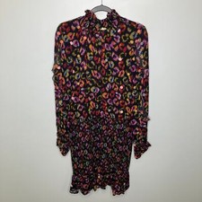FARM RIO Black Ikat Dyed Leopard Mini Dress Flower Embellished Smocked Large