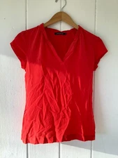 Monoprix Autre Ton 100% Silk Red Short Sleeve Blouse Women's Romantic SIZE XS