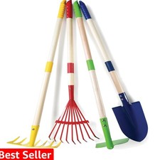Kids Garden Tool Set Toy 4-Piece - Shovel, Rake, Hoe, Leaf Rake, Wooden Garde...
