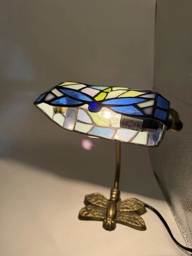 Vintage Stained Glass Dragonfly Banker Lamp/ Tiffany Style Lamp