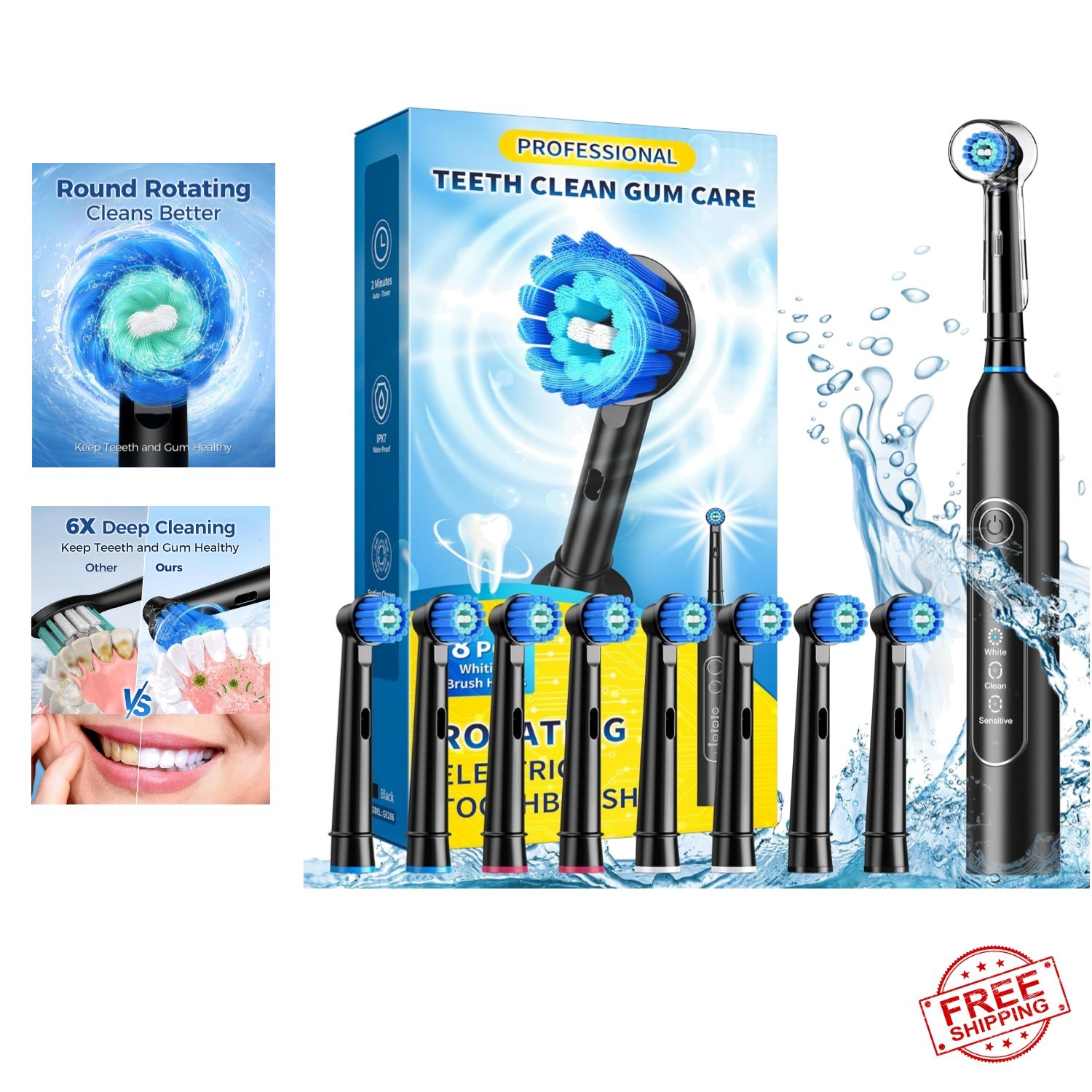 Rotating Electric Toothbrush for Adults with 8 Brush Heads, Sensitive Gum Car...