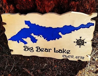 BIG BEAR LAKE WOOD CARVED TOPO SIGN DECOR 12X20 MADE LOCAL