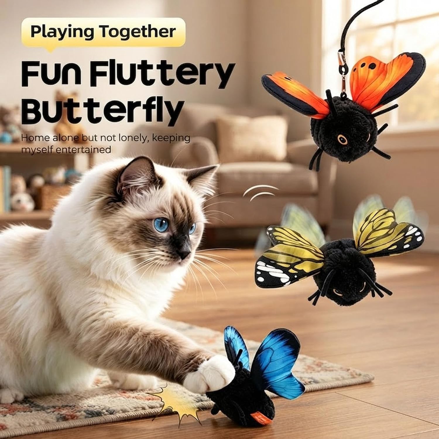 Interactive butterfly cat toy in use