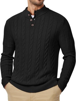 Men's Wool Blend Cable Knit Sweater Long Sleeve Button Stand Collar Pullover