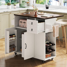 51" Mobile Kitchen Island with Drop Leaf  Power Outlet, Kitchen Rolling Island