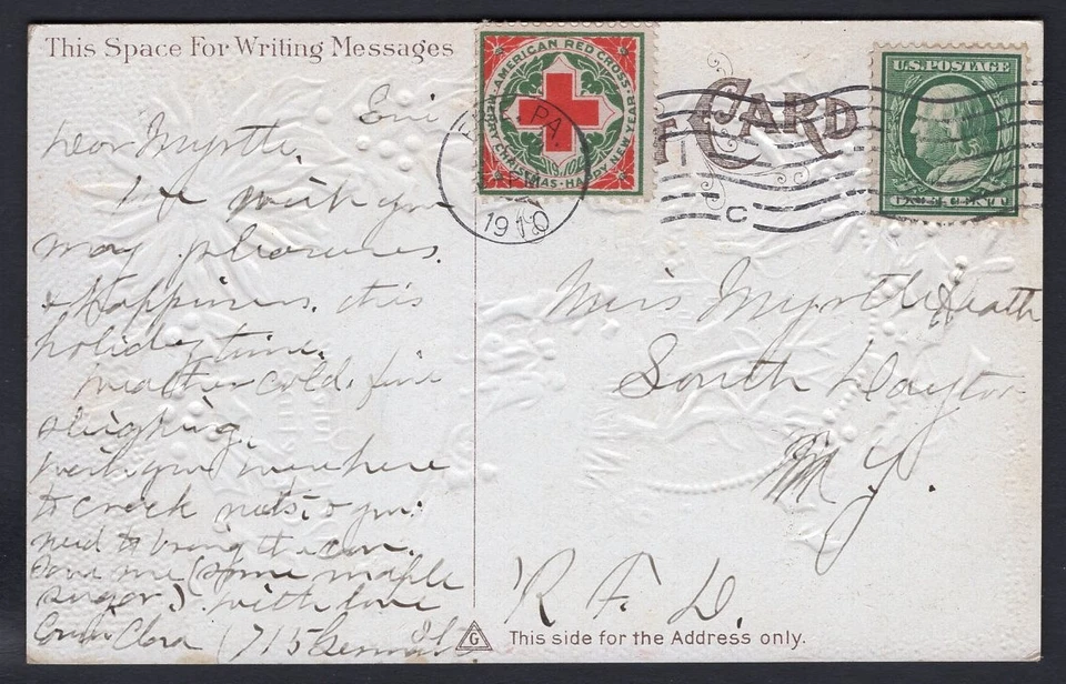 USA Erie Pa 1910 Red Cross Christmas Cinderella Seal on Postcard to South Dayton - Image 2 of 3