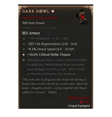 Diablo 4 Season 14 Dark Howl 1GA 60% Unique Gloves Druid Item Gear Equipment