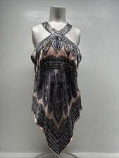 Cache Halter Top Sleeveless Blouse Paisley Beaded Silk Stretch Vintage New Large