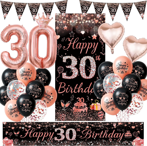 Deko 30 Geburtstag Frau RoséGold Schwarz - Happy 30. Birthday Banners Girlande W-image