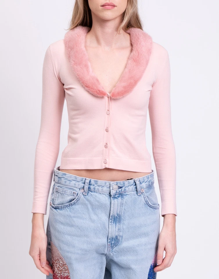 RRP €985 BLUMARINE Cardigan IT38 US2 UK6 XS Pink Detachable Mink Fur Collar - Image 3 of 4