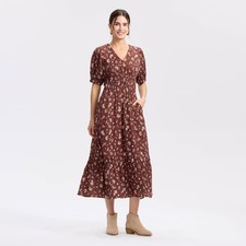 Women's Balloon Short Sleeve Maxi A-Line Dress - Universal Thread Brown Floral