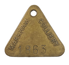 20th century North Derbyshire Markham Colliery triangular brass pit check tally