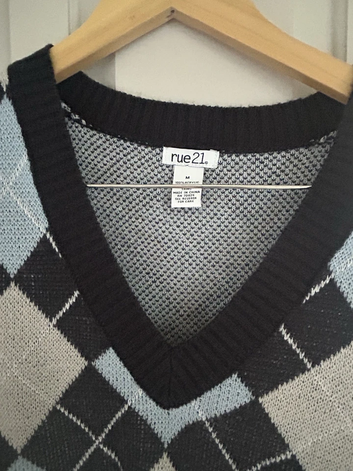 Colete Suéter Cropped Feminino Rue 21 Argyle Anos 90 Y2K Azul Marinho Tamanho M - Imagem 2 de 2