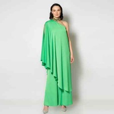 Bright Green One-Shoulder Cape Sleeve Jumpsuit with Beaded Neckline Evening Gown