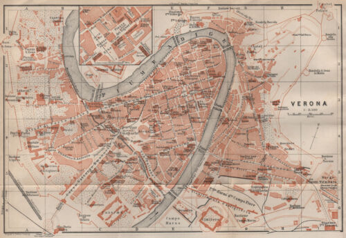 VERONA antica pianta cittadina piano urbanistico. Mappa Italia. BAEDEKER 1906 - Foto 1 di 2