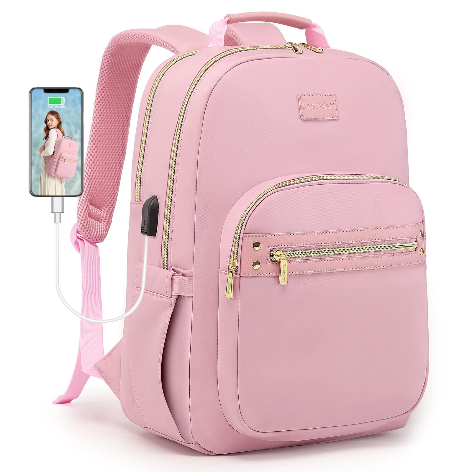 Cute Pink Laptop Backpack for Women and Teen Girls School Bookbag