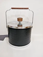 Vintage ATAPCO Chrome/Faux Brown Alligator Ice Bucket W/Tongs MCM